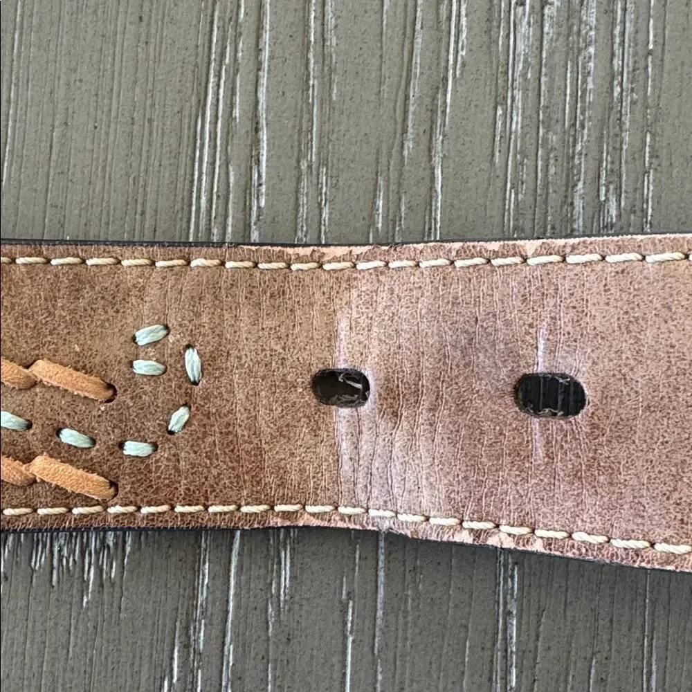 Western Tan Leather Belt with Silver-Tone Buckle Embroidered Women’s Size L EUC